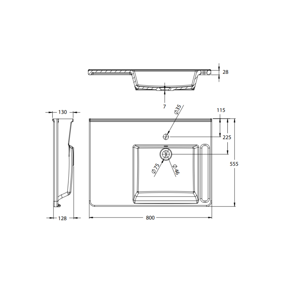 Washbasin Solid Surface Resin 800mm White Right Hand - WBM-803-R-1W