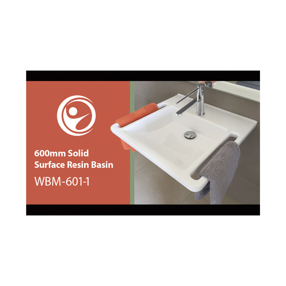 Washbasin Solid Surface Resin With Side Handles 600mm Gloss White - WBM-601-1W