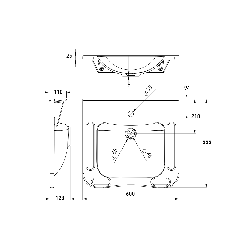 Washbasin Solid Surface Resin With Side and Front Handles 600mm Gloss White - WBM-602-1W