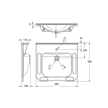 Washbasin Solid Surface Resin With Side and Front Handles 600mm Gloss White - WBM-602-1W