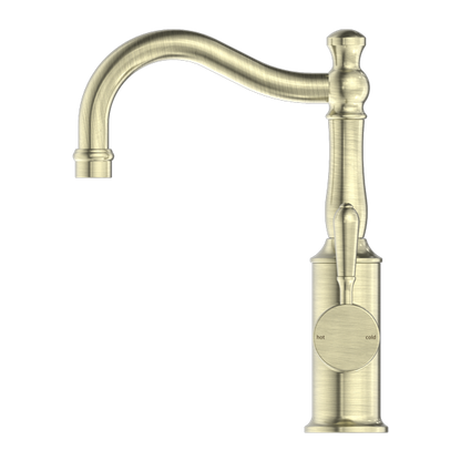 YORK BASIN MIXER HOOK SPOUT WITH METAL LEVER AGED BRASS