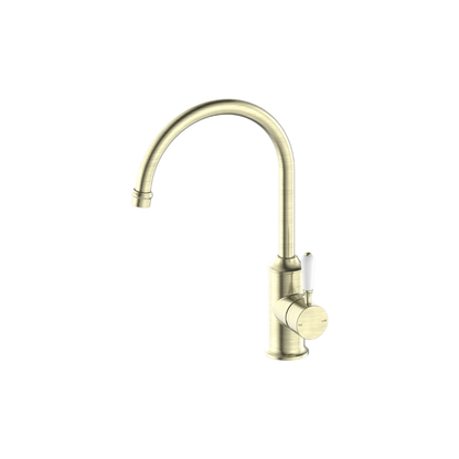 York Kitchen Mixer Gooseneck Spout With White Porcelain Lever Aged Brass - NR69210601AB