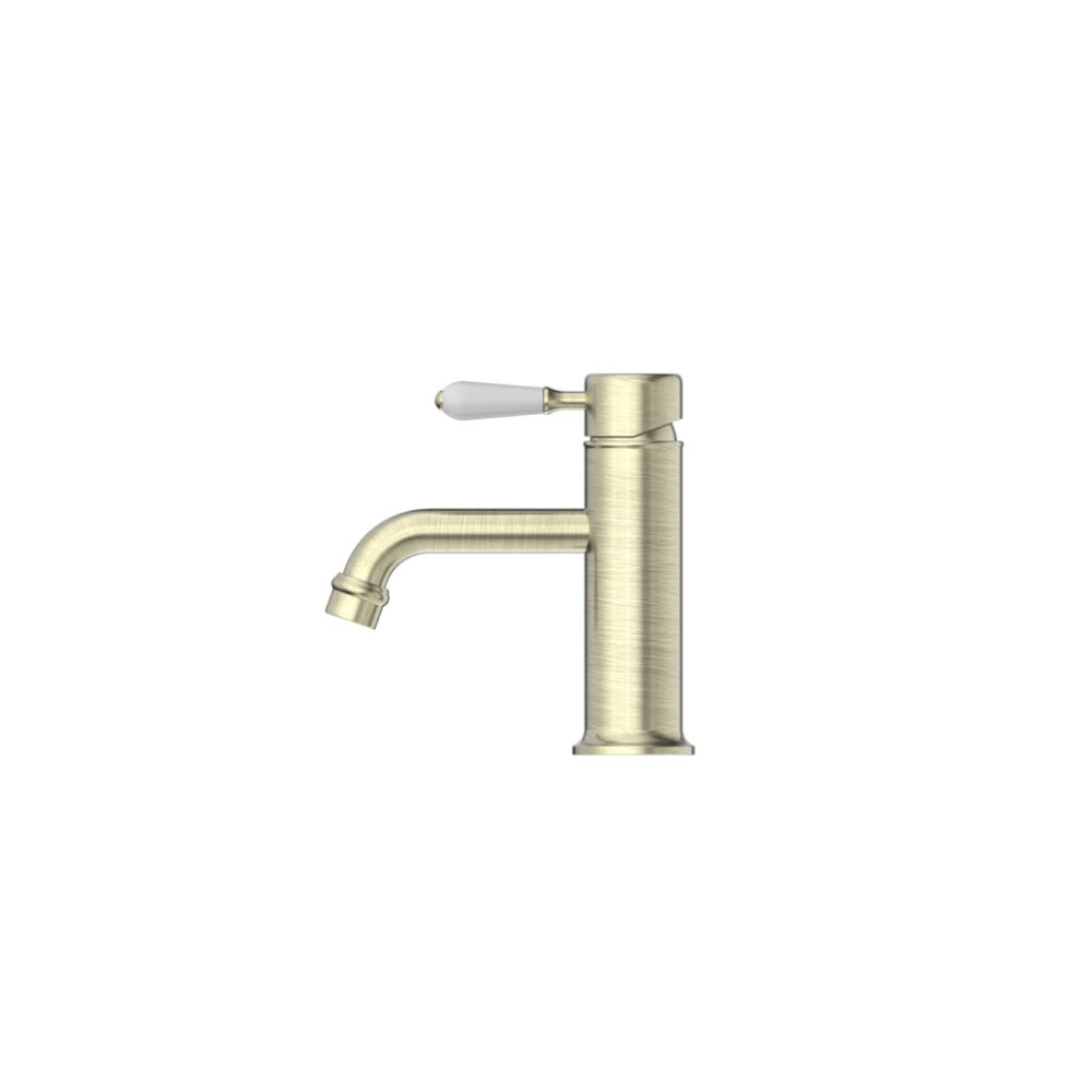 York Straight Basin Mixer With White Porcelain Lever Aged Brass - NR692101b01AB